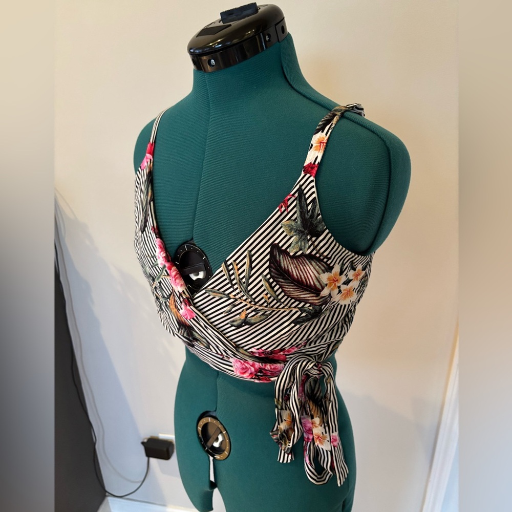 John Galliano Inspired Striped Floral Tie Crop Top, inside button closure, Small